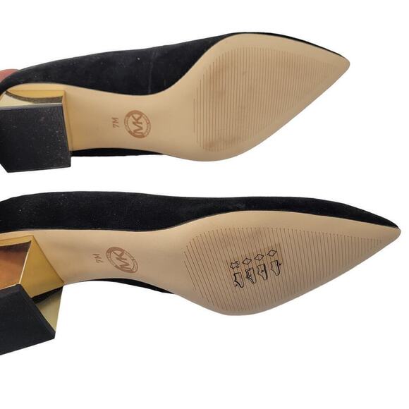 Michael Michael Kors NIB Suede Petra Pumps Black Gold Block Heel Slip On Size 7M - Picture 6 of 14